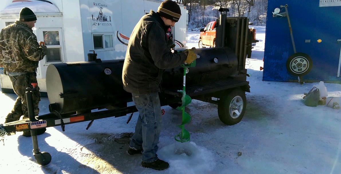 ice fishing with his Lang