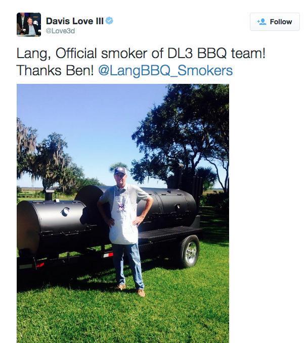 Davis Love III tweeting about Lang - the official smoker of the DL3 BBQ Team